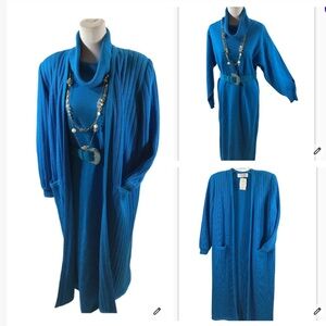 Vtg Lilli Ann Knits teal dress and long cardigan coat 10